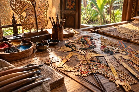 Traditional Indonesian Wayang Kulit shadow puppets surrounded by carving tools, pigments and handcrafted materials in a warm Javanese artisan workshop.