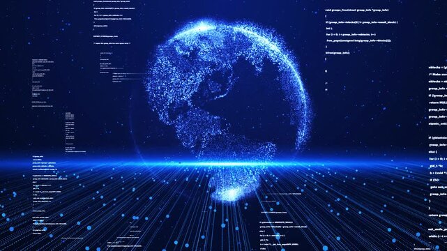 Digital particle globe earth background, futuristic global technology network connection, Abstract blue digital planet earth technology.