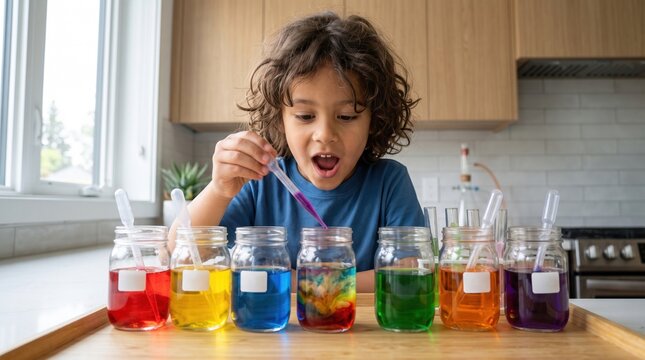 The young child is focused on doing their school homework. A boy excitedly mixes colorful liquids while conducting a fun science experiment.