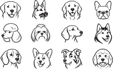 Fototapeta premium Set of diverse dog breed head portraits black line art