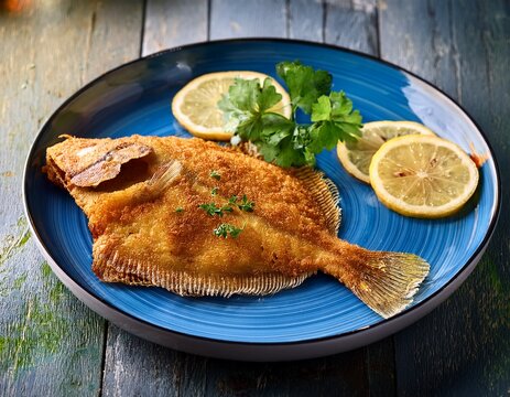 breaded flounder with lemon on blue plate served homestyle with herbs