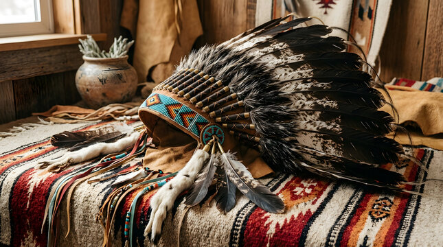 Traditional Native American feather headdress on a woven rug. Indigenous cultural artifact with beadwork and feathers