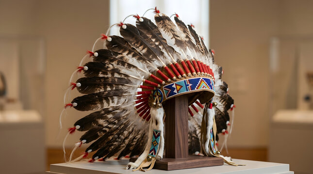 Native American feather headdress on display in a museum. Traditional indigenous artifact with beadwork on a wooden stand