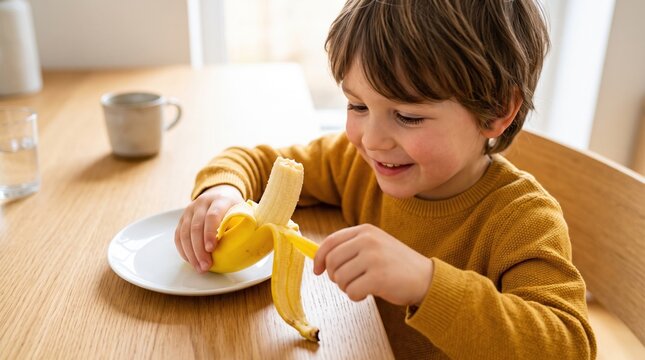 Children enjoy a healthy and fun break during school lunchtime. A cheerful boy peels a fresh yellow banana for his healthy snack.