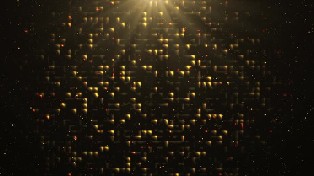 Glowing gold pixel block pattern with glittering dust particles and top light flare, high tech luxury background.