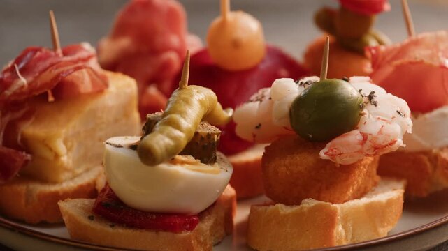 Tapas Spanish pinchos assortment, Basque pintxos with jamon iberico, tortilla, shrimp, stuffed piquillo pepper and egg on bread, traditional bar food close up