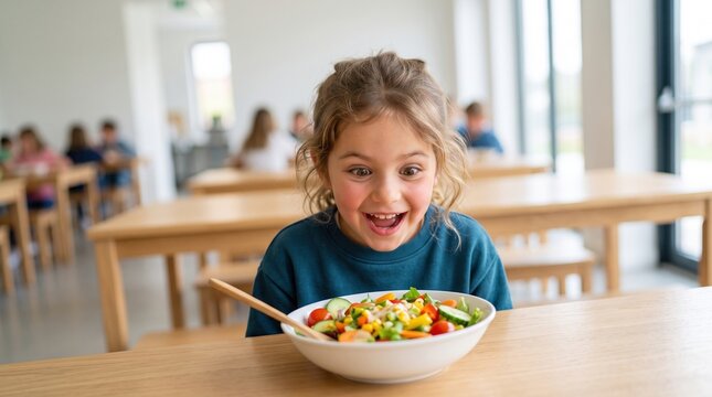 Children enjoy a healthy and fun break during school lunchtime. A girl looks delightfully at a colorful salad bowl on her desk.