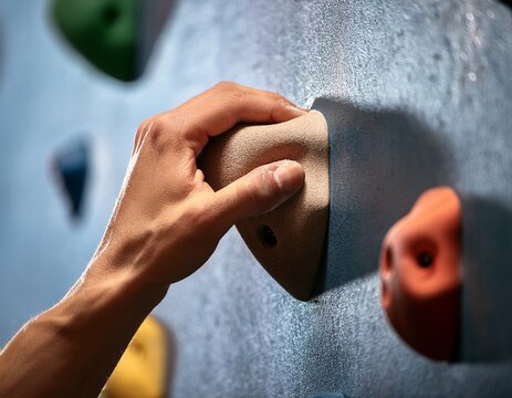 close up of hand gripping rock climbing hold on wall