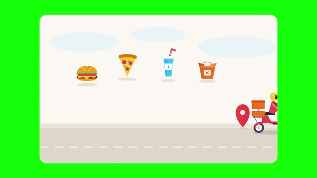 Food delivery scooter animation with fast food icons on green screen