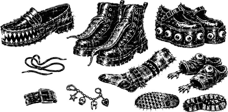 Vintage punk footwear and accessories set spiked boots, creepers, studded wristbands, chains, and belt collection