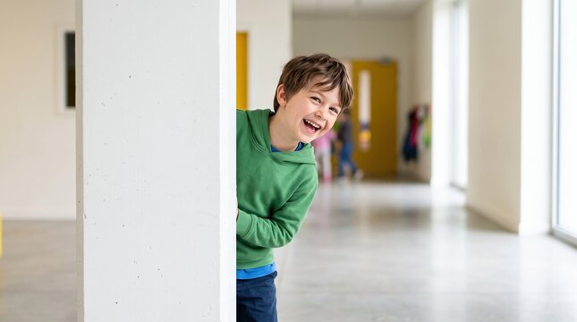 Children enjoy a fun and active break time at school. A playful girl peeks out from behind a doorway while playing a game of hide and seek.