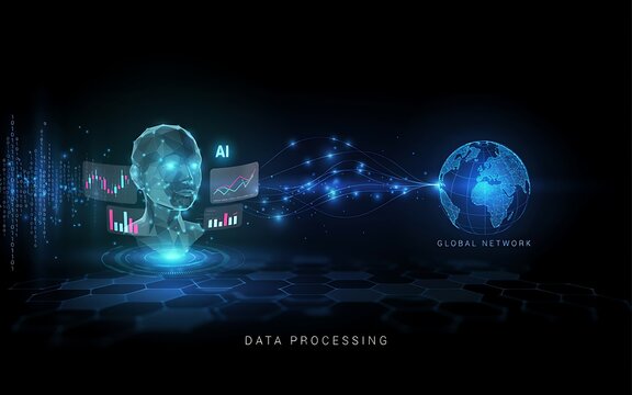 Artificial intelligence face made of geometric mesh connected to glowing earth globe with stock charts showing worldwide digital network data processing power.