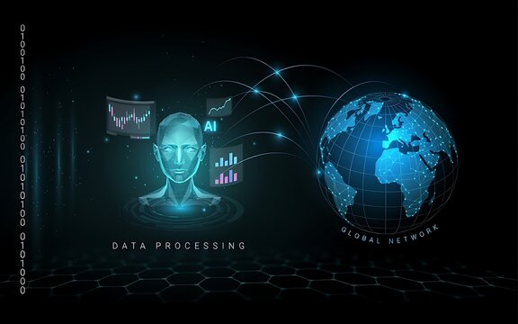 Digital artificial intelligence head with financial trading graphs linked to worldwide globe representing secure global network connectivity for data processing.
