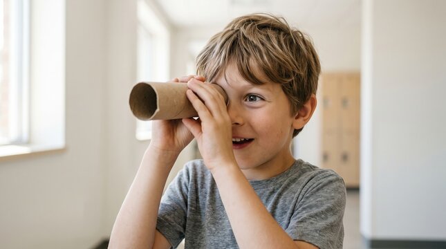 Children enjoy a fun and active break time at school. A curious boy looks through a cardboard tube as if it were a pirate telescope.