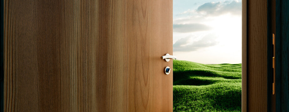 An open wooden door revealing a tranquil green meadow under a bright and peaceful morning sky