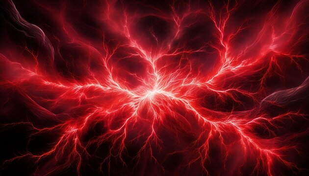 dynamic abstract composition of red lightning bolts forming intricate patterns against stark black background high voltage energy concept
