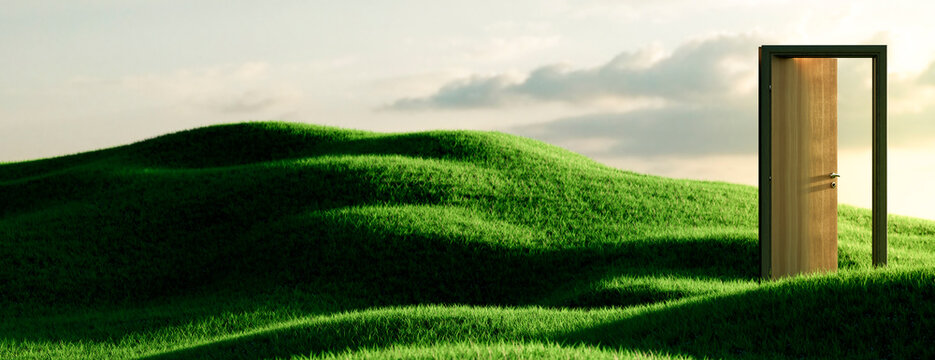 An open wooden door standing alone in a tranquil green meadow under a soft morning sky horizon