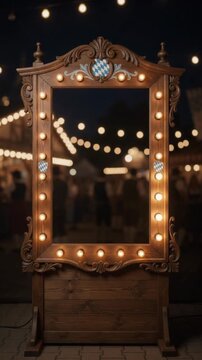 Horizontal stock video of a vintage wooden mirror frame decorated with warm light bulbs at an outdoor evening festival or beer garden