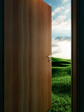 An open wooden door revealing a serene green meadow under a bright and expansive blue sky