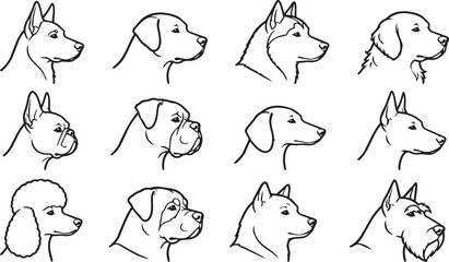 Fototapeta premium Set of hand drawn dog breed head profile icons