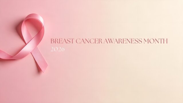 Pink satin awareness ribbon placed on a soft pastel background representing breast cancer advocacy for the upcoming twenty twenty six medical health and wellness awareness month