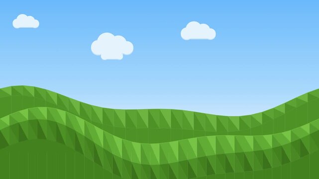 Abstract Poly Low Poly Green Hill Landscape with Blue Sky and Clouds