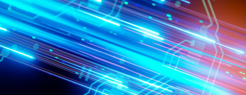 Abstract digital background with glowing blue light streaks and circuit board pattern design
