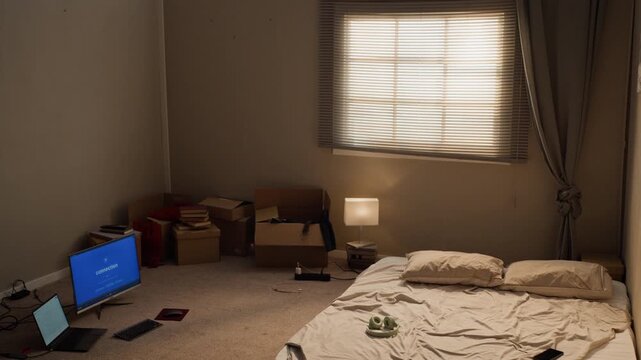 Empty bedroom displaying computer monitors on floor beside unpacked cardboard boxes and mattress. Footage suitable for digital nomad lifestyle, student housing, and gaming addiction projects