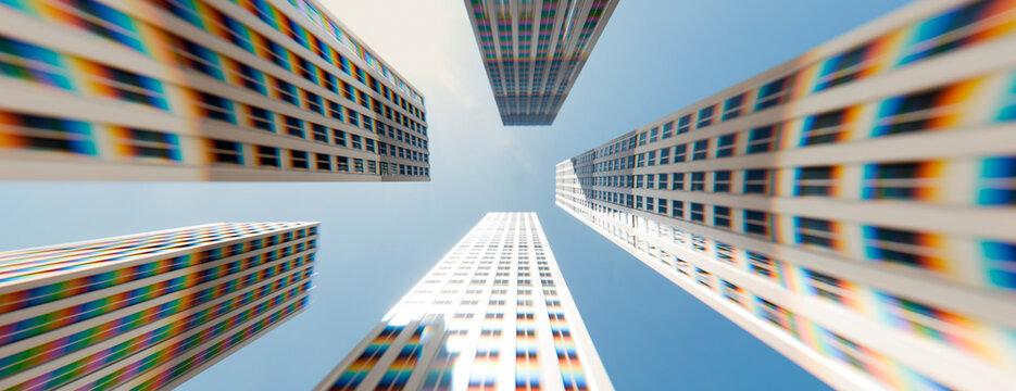 Low angle view of modern skyscrapers with vibrant rainbow chromatic aberration light effects