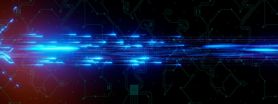 Abstract digital background with glowing blue light streaks and complex circuit board patterns