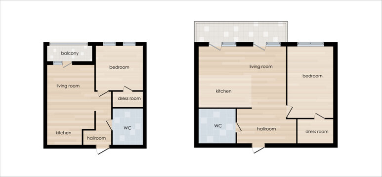 Set of colored floor plans top view for interior design. Architectural plans of apartments. Vector kit of layout from above of the apartments with kitchen, bedroom bathroom living room. Design element