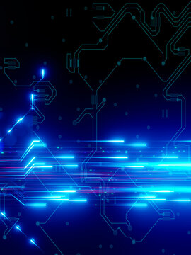 Abstract digital background featuring glowing blue circuit board lines and data transmission