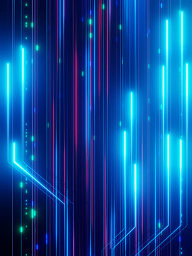 Abstract digital background with glowing blue and red neon light lines in vertical motion