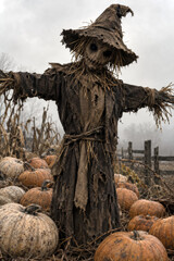 Fototapeta premium Sinister creepy scarecrow in burlap clothes and pointed hat surrounded by muted pumpkins in a moody autumn field, eerie Halloween horror concept photo for seasonal background and dark decor.