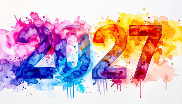 Bunte Jahreszahl 2027 als Aquarell zum Jahreswechsel