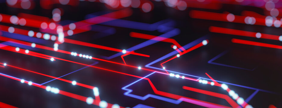 Abstract digital background with glowing red and blue circuit lines on a dark surface