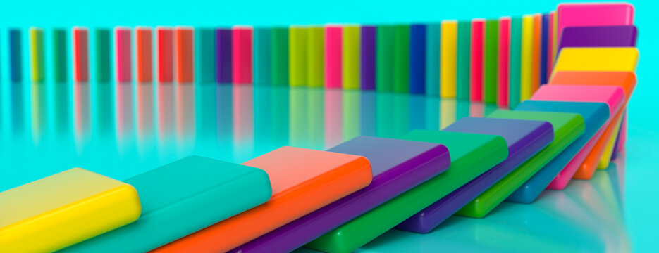 Colorful dominoes falling in a chain reaction on a bright cyan background for business concepts