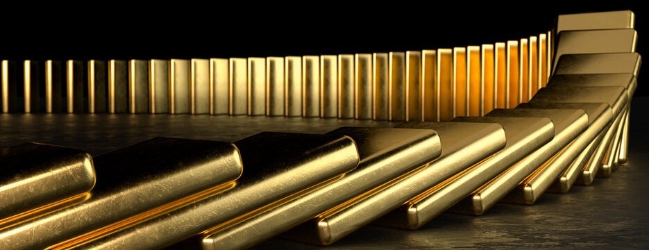 Gold bullion bars falling like dominos representing a financial market crash and economic crisis
