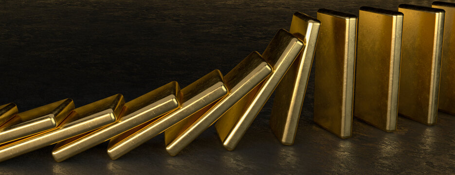 Gold bullion bars falling like dominos representing a chain reaction of global financial market loss