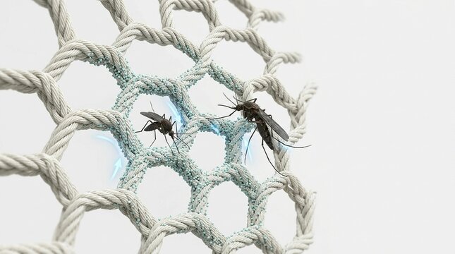 Close up of mosquitoes on long lasting insecticide treated bed net for malaria and zika prevention