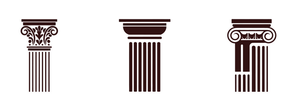 Classical Column Capitals and Shafts, Black Silhouette Architectural Elements for Greek and Roman Architecture, Building Design, Decoration, History, and Vector Illustration.