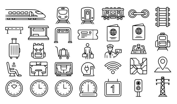 Travel and transportation icons set including trains tickets and related elements