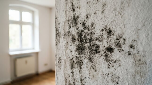 Damaged white wall with mold growth in a room near a window.