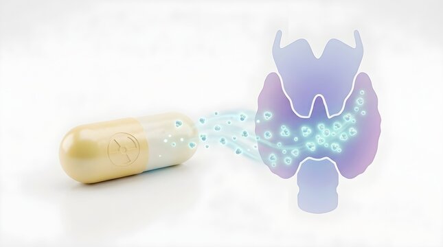 Radioactive Iodine Therapy Capsule with Radiation Symbol Targeting Human Thyroid Gland Illustration