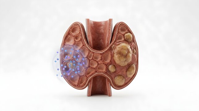3D Illustration of Thyroid Gland Cross-Section Showing Tumors Nodules and Hormone Treatment Process