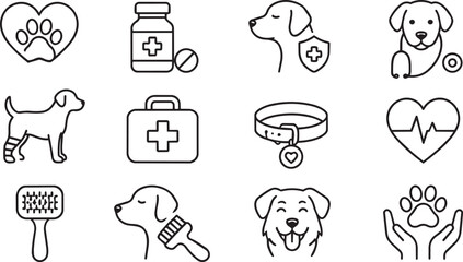 Fototapeta premium Veterinary and dog care thin line vector icon set
