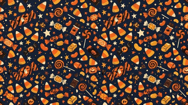 Seamless pattern of vintage Halloween candy, candy corn and stars in retro illustration style on dark navy background