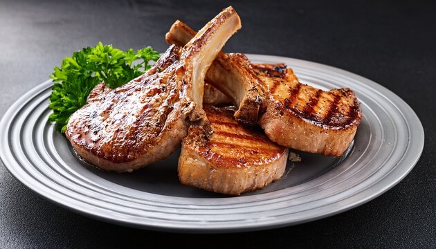 pork chops on a bone grilled or seared on a plate