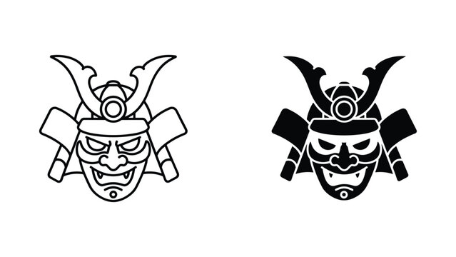 Samurai helmet warrior mask icon set in flat line and solid design
