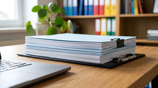 A neat stack of professional business documents on a clipboard secured with a binder clip resting on a wooden office desk next to a laptop with a blurred bookshelf and green plant in the background.